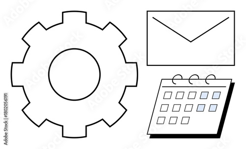 Gear for workflow, envelope for communication, and calendar for scheduling tasks. Ideal for productivity, planning, automation, teamwork, email management task organization and workflow. Simple