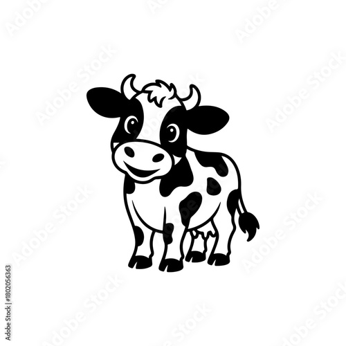 A black and white cartoon mascot of a spotted dairy cow standing and smiling. The character is in a simple, friendly style, ideal for milk or farm related businesses.