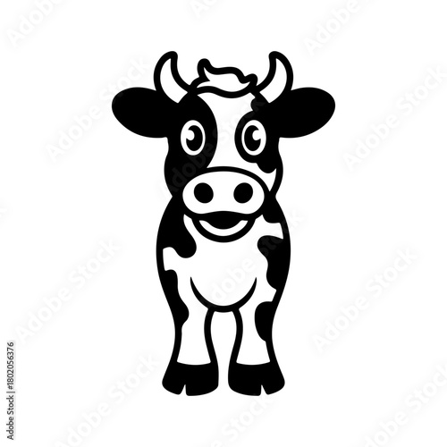 A black and white cartoon mascot of a spotted dairy cow standing and smiling. The character is in a simple, friendly style, ideal for milk or farm related businesses.