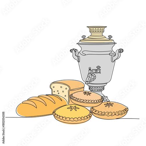 A table with a samovar and various freshly baked pastries appears on the menus of ethnic restaurants, culinary blogs, flyers for cultural events, and Maslenitsa promotions.