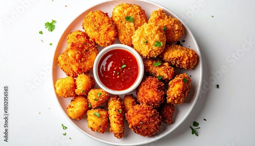 Golden Fried Appetizers Arranged on White Plate with Red Sauce Bowl Close Up Overhead Flatlay Style Food Photography on White Textured Background