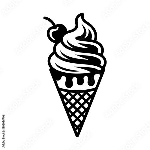 A black and white line art icon of a soft serve ice cream cone topped with a cherry. The illustration features a waffle cone texture and a dripping effect, isolated on white.