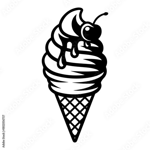A black and white line art icon of a soft serve ice cream cone topped with a cherry. The illustration features a waffle cone texture and a dripping effect, isolated on white.