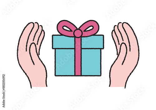 リボン付きのギフトを支える両手のイラスト｜贈り物・感謝・プレゼントに使える素材