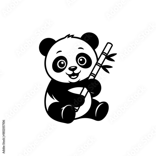 A black and white cartoon vector illustration of an adorable baby panda sitting and happily holding a stalk of bamboo. The character is simple, cute, and friendly.