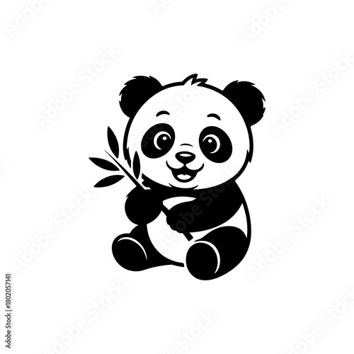 A black and white cartoon vector illustration of an adorable baby panda sitting and happily holding a stalk of bamboo. The character is simple, cute, and friendly.