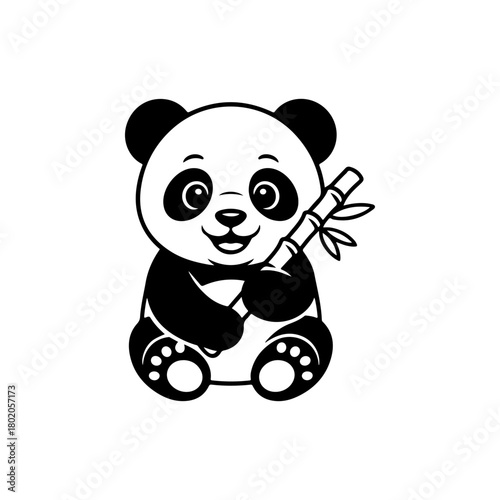 A black and white cartoon vector illustration of an adorable baby panda sitting and happily holding a stalk of bamboo. The character is simple, cute, and friendly.