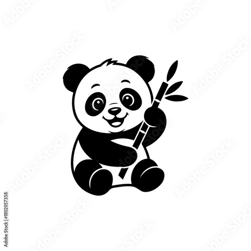 A black and white cartoon vector illustration of an adorable baby panda sitting and happily holding a stalk of bamboo. The character is simple, cute, and friendly.