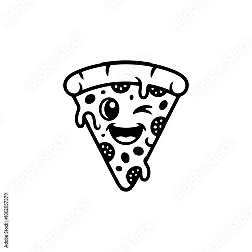A black and white cartoon mascot of a slice of pizza winking and smiling. The character has arms, various toppings, and is stylized in a fun, retro comic look.