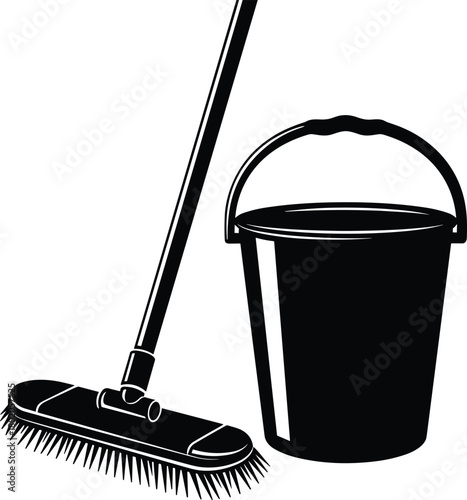Cleaning mop and bucket silhouette vector, housekeeping equipment illustration for janitorial service, floor washing, home hygiene and sanitation work