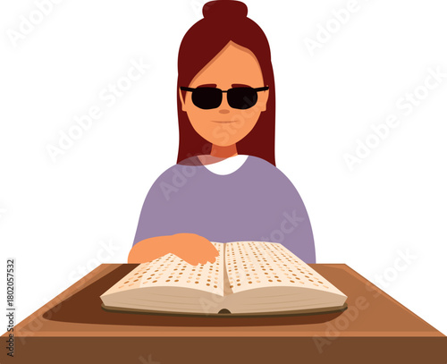 Blind woman reading braille book at table with sunglasses