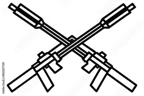 Black outline drawing presents two crossed military assault weapon rifles on a transparent background