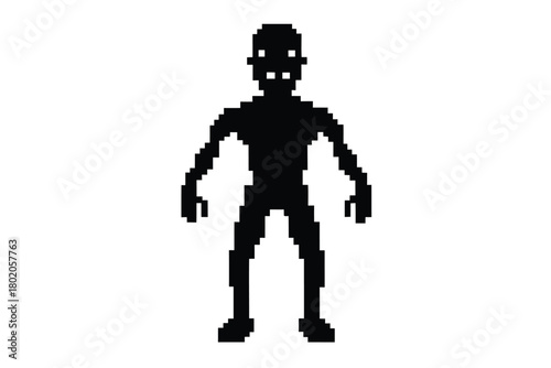 Black pixel art monster is standing with a threatening posture on a white backdrop