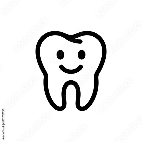 A simple black and white line art icon depicting a molar tooth with a friendly smiling face. The clean, cute design is ideal for dental care or children's dentistry themes.