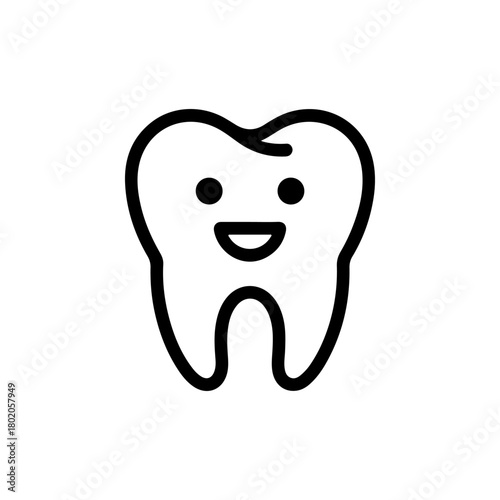 A simple black and white line art icon depicting a molar tooth with a friendly smiling face. The clean, cute design is ideal for dental care or children's dentistry themes.