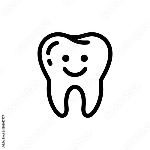 A simple black and white line art icon depicting a molar tooth with a friendly smiling face. The clean, cute design is ideal for dental care or children's dentistry themes.
