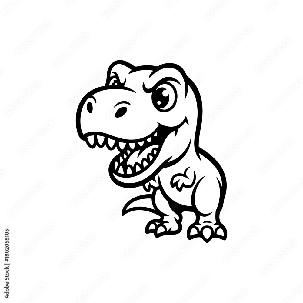 Fototapeta premium A black and white cartoon vector illustration of a cute baby Tyrannosaurus Rex with its mouth open. The dinosaur has big eyes and a playful, simple design, isolated on white.