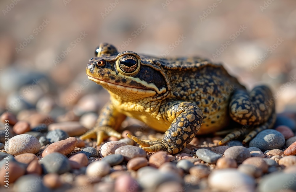 Fototapeta premium Canadian toad sits on colorful pebbles near water. Small amphibian has yellow brown skin with dark spots. Wild animal looks forward with big dark eyes.