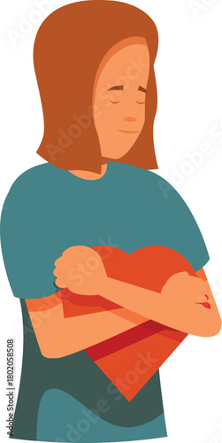 Woman embracing a big red heart, symbolizing love, self love, and care