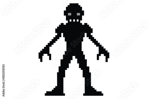 Black pixelated monster with glowing eyes stands menacingly, its blocky form evokes vintage game horror