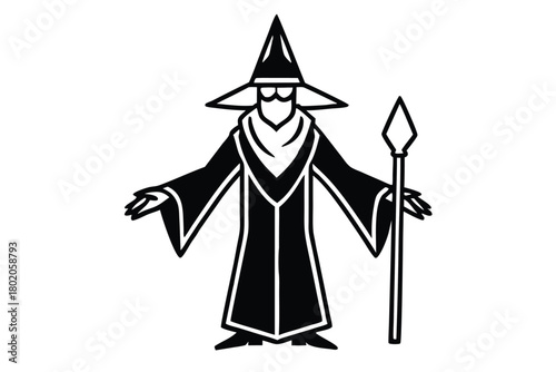 Black robed mage stands with staff offering guidance in a simple monochrome style