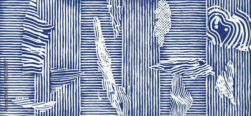 Hand drawn brush line abstract irregular stripes and organic shapes pattern, Japanese and tribal wood carving, block print texture background for textile, carpet, modern design project.