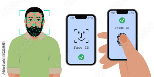 Face ID and touch ID. Fingerprint sign. Identification icons. Facial recognition system, identification face. Finger scanner. Biometric verification. Vector.