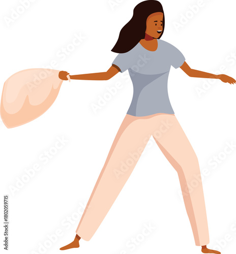 Joyful girl with pillow getting ready for pillow fight, having fun at home