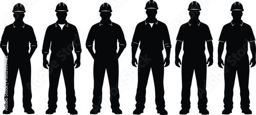 Construction workers silhouette set, industrial labor team wearing safety helmets, builder workforce group illustration, engineering occupation, professional worker crew