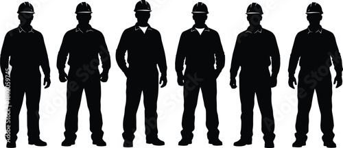 Construction workers silhouette set, industrial labor team wearing safety helmets, builder workforce illustration, engineering occupation, skilled worker group