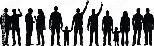 Flat vector silhouettes of diverse people standing together, adults and children, unity, community, gesture, interaction, black figures, white background