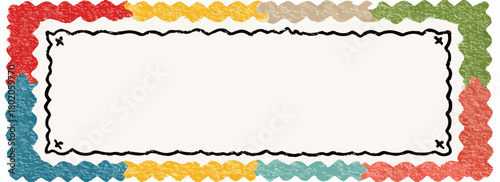 カラフルな波状の境界線で囲まれた、空白のラベルまたはバナー。名前、テキスト、またはデザイン要素の追加に最適です。