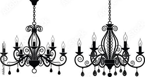 Elegant vintage chandelier silhouette vector, luxury hanging lamp design, crystal lighting decor, antique ornamental ceiling light illustration