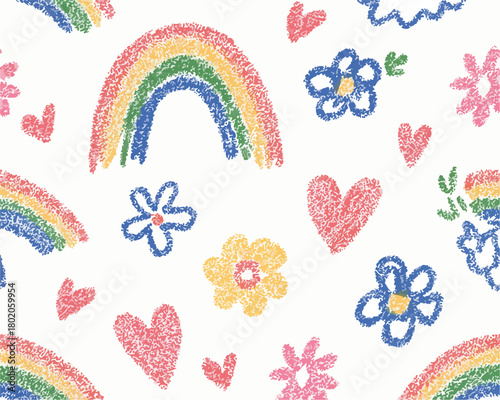 クレヨンで描かれた虹、花、ハートのシームレスパターン。子供のような明るいイラスト。