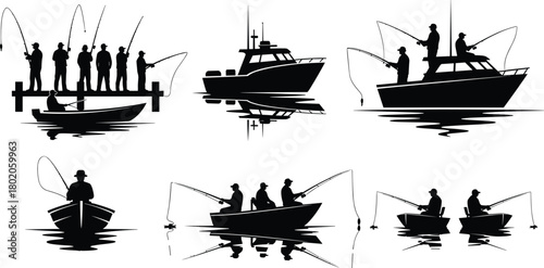 Fishing silhouette set, anglers fishing from boat and dock, lake river outdoor recreation, fisherman catching fish, water reflection illustration