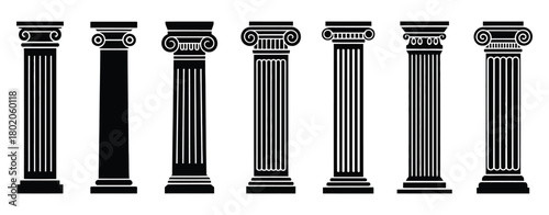 Ancient pillar black silhouette vector set isolated featuring greek and roman style
