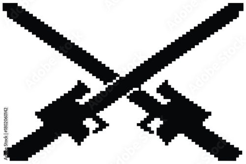 Cross pixelated machine guns form a bold, striking, abstract design in black on a solid background