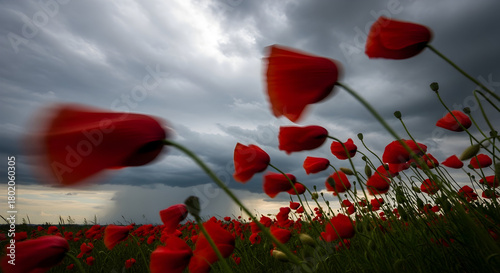 Red poppies sway in the wind under a dramatic, stormy sky in the field