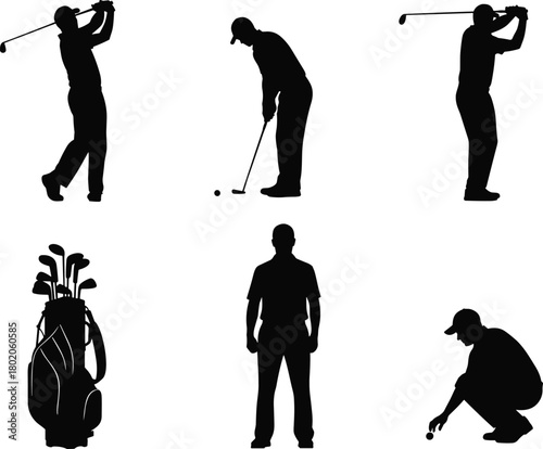 Golf player silhouette set, golfer swinging, putting and preparing shot, sports training collection, golf bag equipment illustration, athletic outdoor game