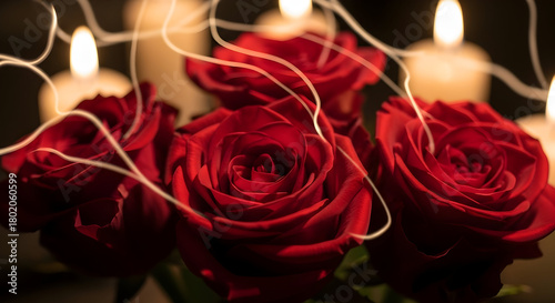 Romantic red roses and candles create a warm and inviting atmosphere