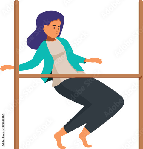 Businesswoman carefully balancing on imaginary beam, representing overcoming obstacles and finding balance in challenging business environment