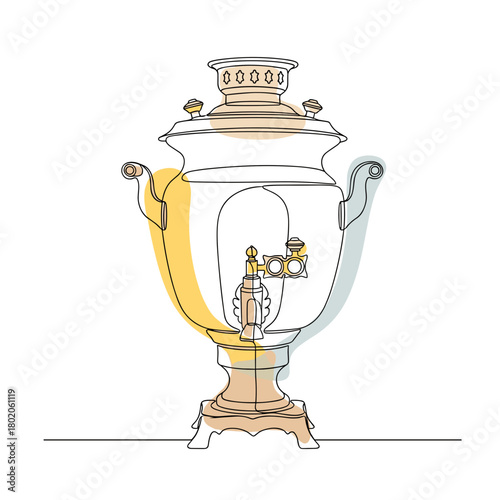 samovar outline with minimal color accents for cultural heritage blogs, travel guides, menu designs, and traditional kitchen appliance clips