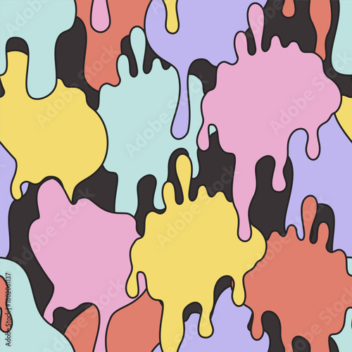 Comic dripping blots background in pop art, graffiti style. Funky paint drips, stains, drops seamless pattern. Cartoon shapes vector art illustration for wrapping, textile, fabric, wallpaper etc