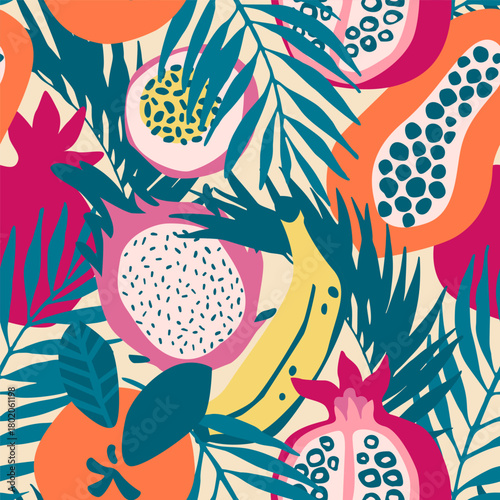 Abstract dragon fruit, papaya, orange, banana, pomegranate drawing seamless pattern. Tropical fruits background. Vector illustration for kitchen wallpaper, health care products, fabric, textile design