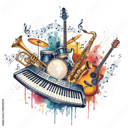 Full Band Musical Instruments Watercolor Splash