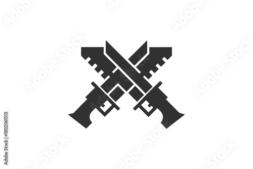 Crossed futuristic guns intersect to make a striking icon, showcasing bold weaponry and unique design