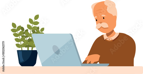 Elderly man using laptop, enjoying modern technology for work, communication, or leisure