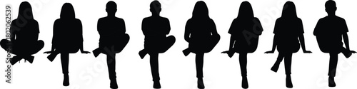 Group of seated people silhouettes, diverse men and women sitting cross legged, casual relaxed posture illustration, isolated human figures