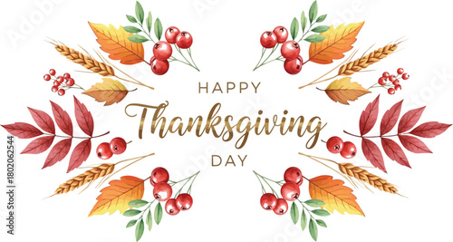 Elegant Happy Thanksgiving Day Watercolor Design with Berries, Wheat & Autumn Leaves – Perfect for Greeting Cards & Holiday Invitations