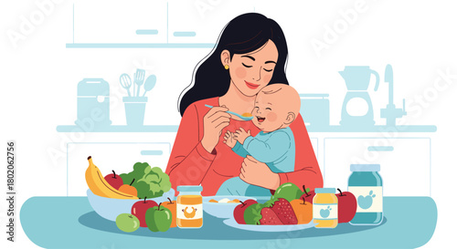 Mother feeding her baby healthy pureed food in the kitchen with fresh fruits and vegetables on the table.